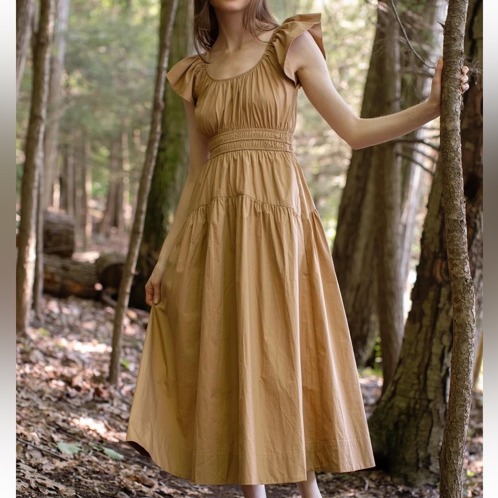 Women’s Maxi Dress in Camel with Ruffle Sleeves